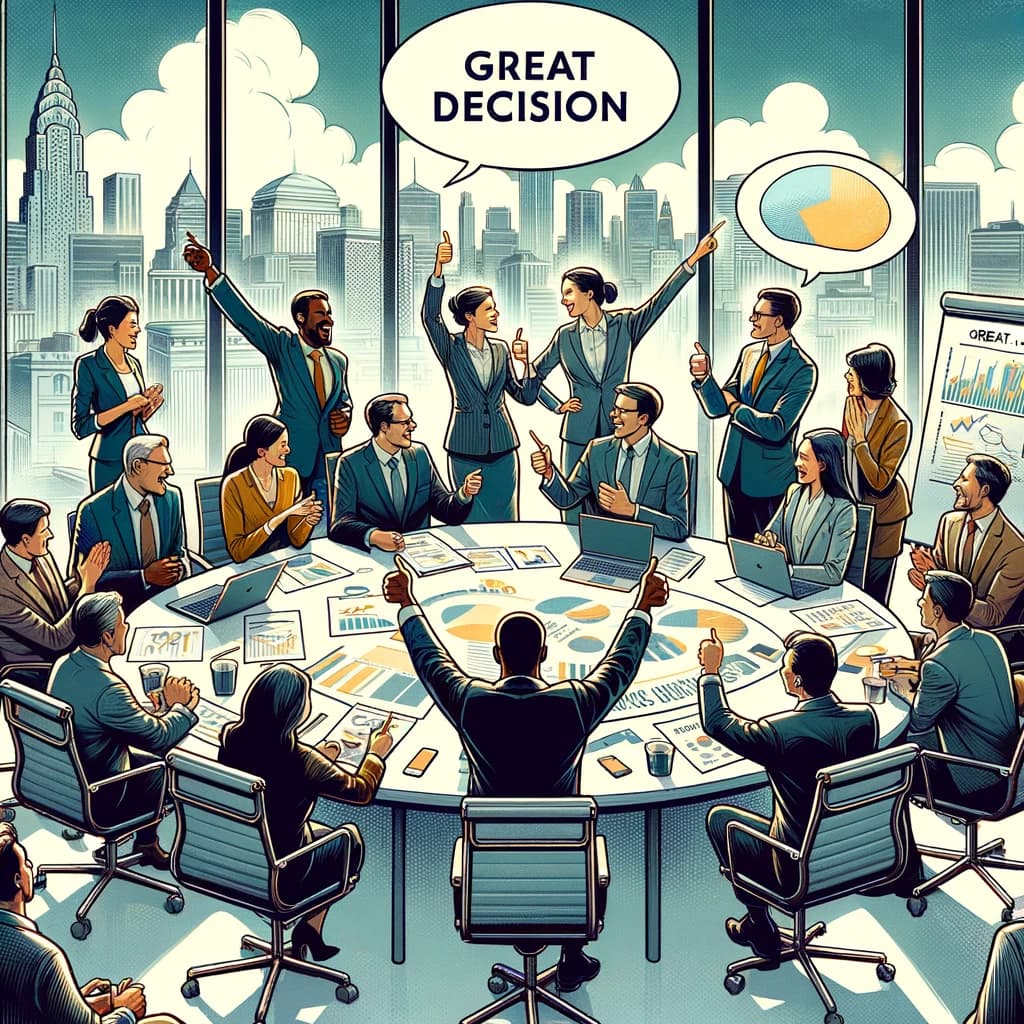 Team celebrating a great decision in a modern office setting with city skyline